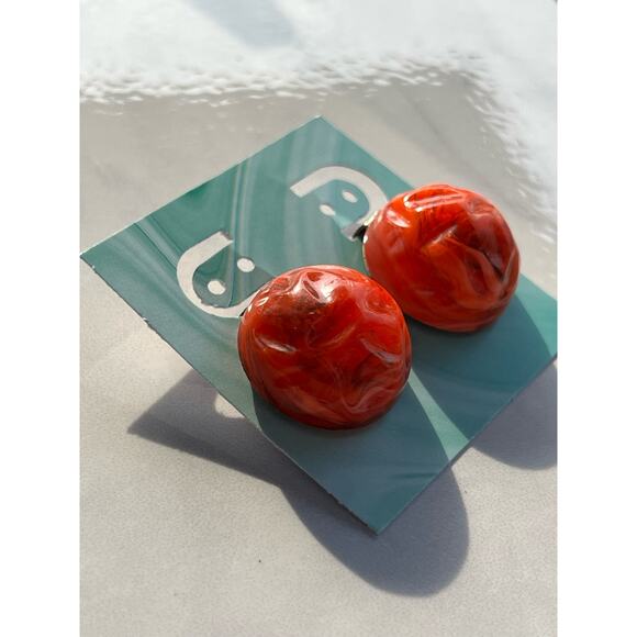 1970s Orange Marbled Half-Sphere Clip-On Earrings Retro Statement Jewelry - Picture 5 of 7